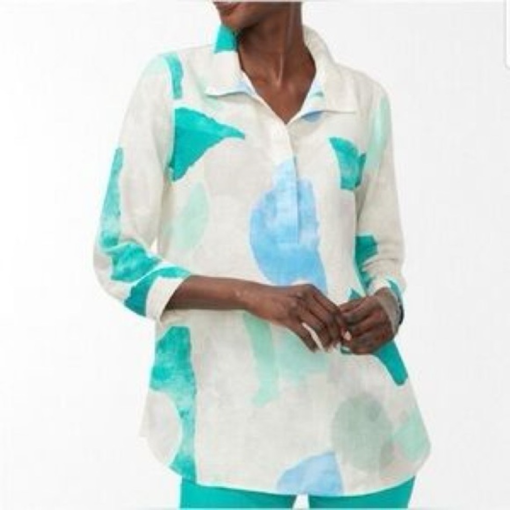 Chico's No Iron 100% Linen Button Back Tunic Top Large 12 Abstract Vacation